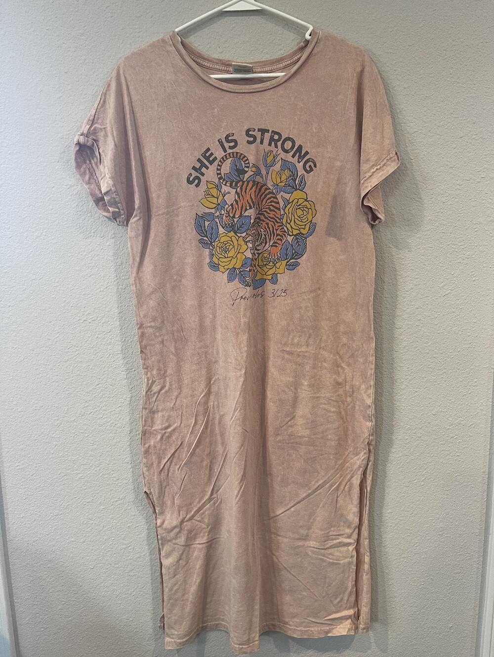 Oat Collective Womens She Is Strong Proverbs 3:25 Graphic Oversized Tee Dress